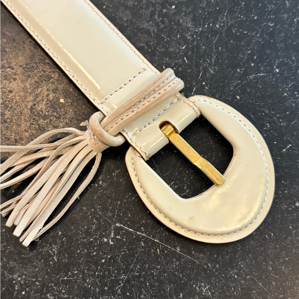 Vintage Salvatore Fergamo Cream Leather Belt with Gold Buckle and Tassel